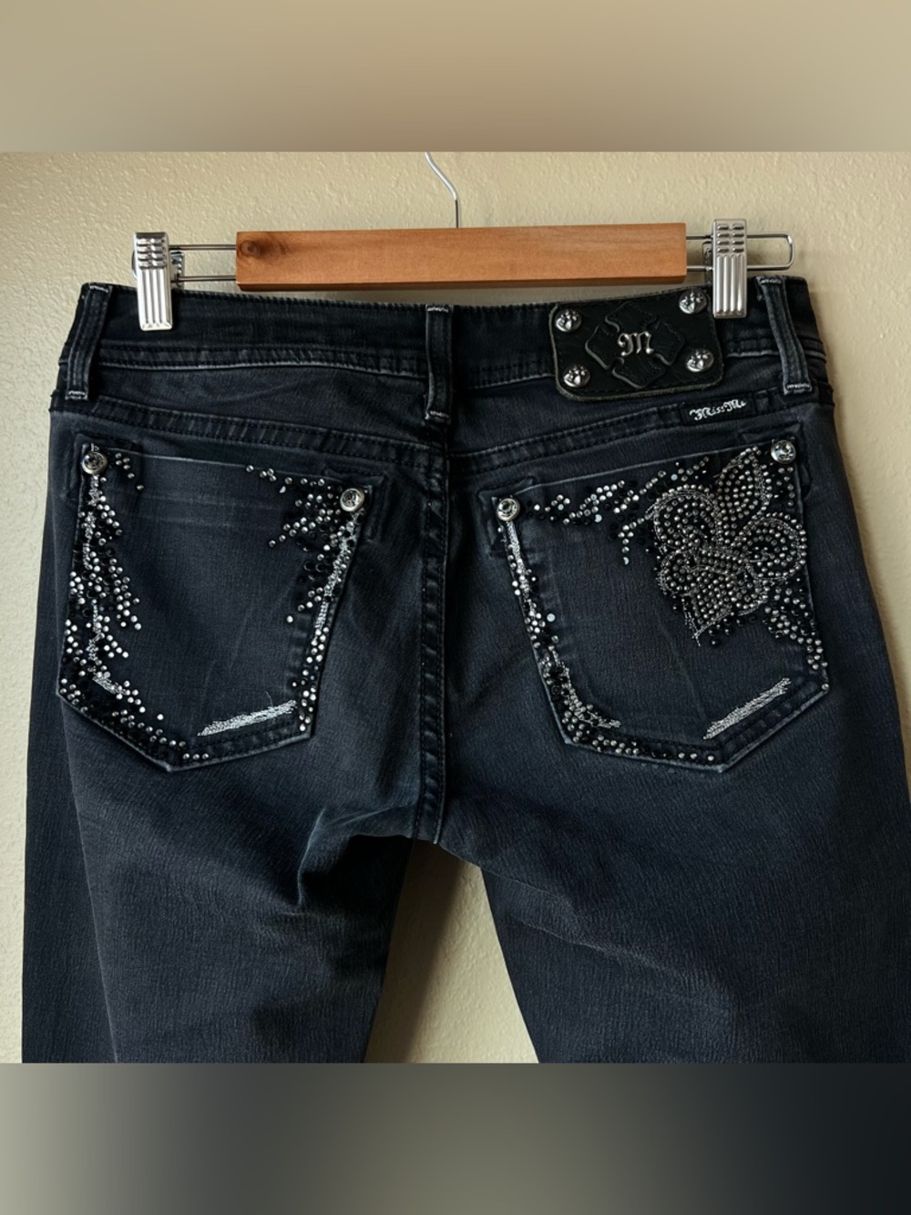 Miss Me Skinny Bling Jeans Women’s 29 Low Rise Faded Black Stretch 30” Inseam - Picture 3 of 14